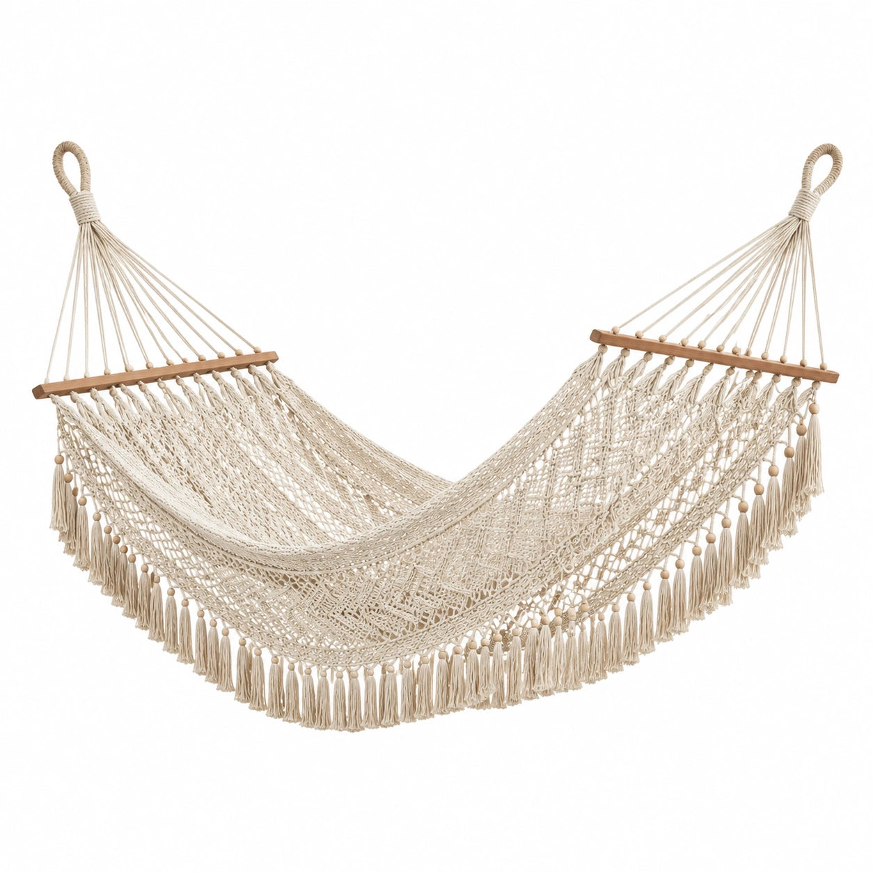 Hamac en Corde de Coton Beige avec Barre en Bois