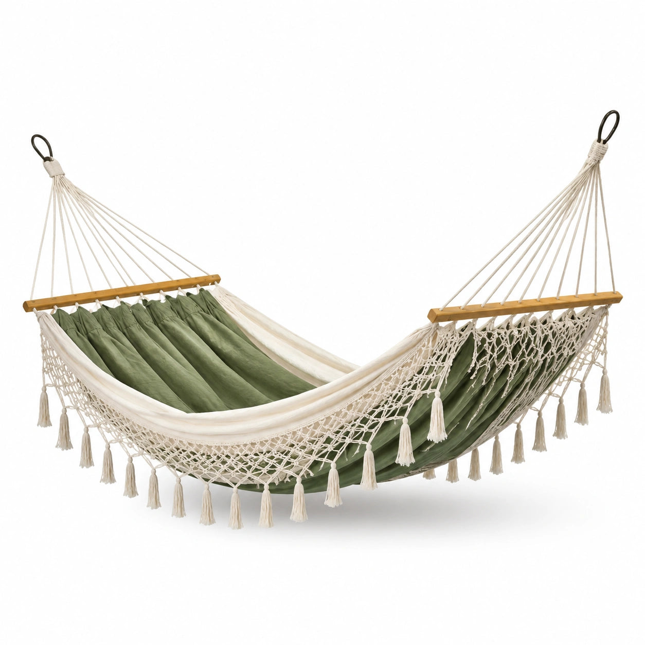 Hamac en Coton avec Franges 200x150cm Vert et Ivoire