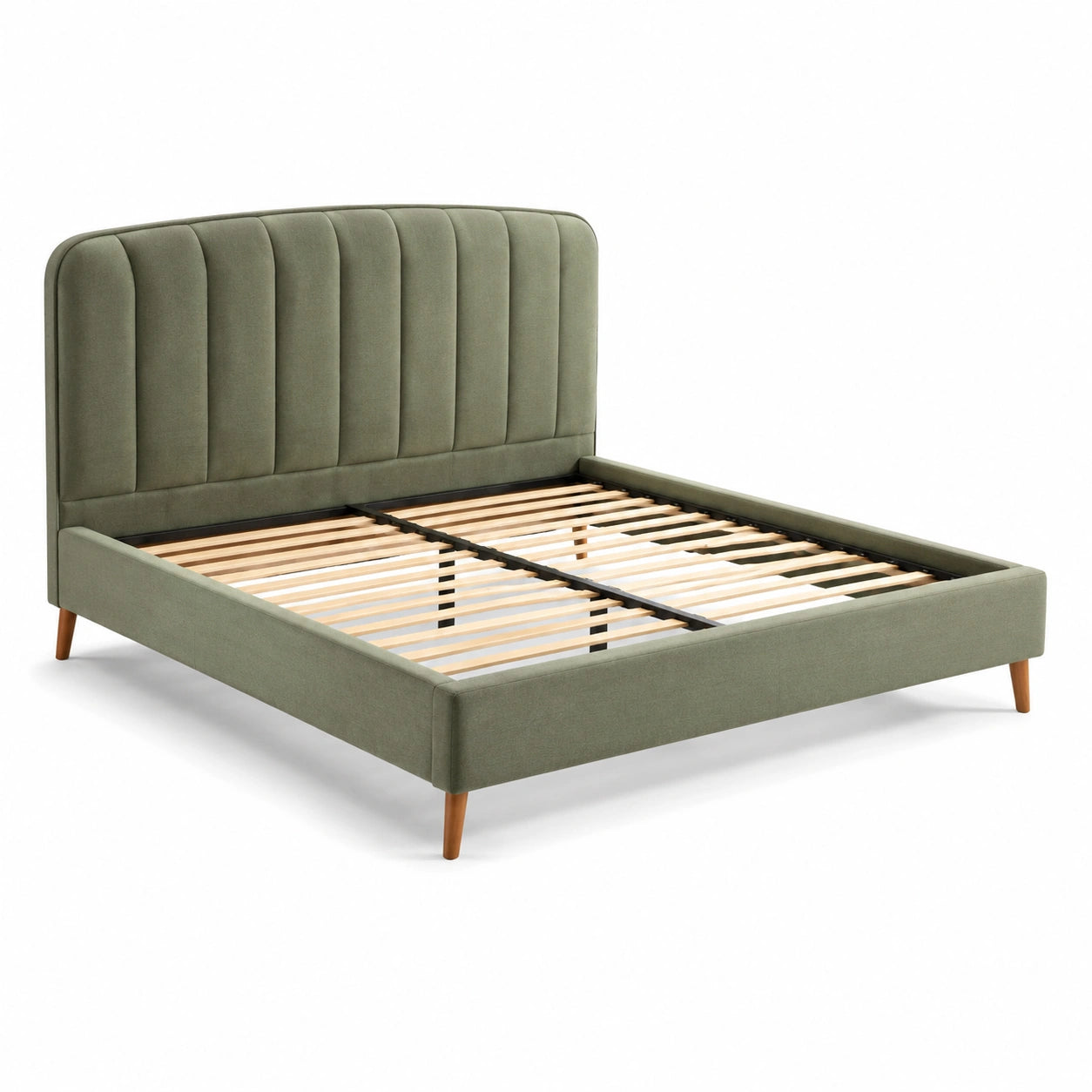 Lit double en tissu polyester vert olive avec tête de lit incurvée et pieds en bois massif
