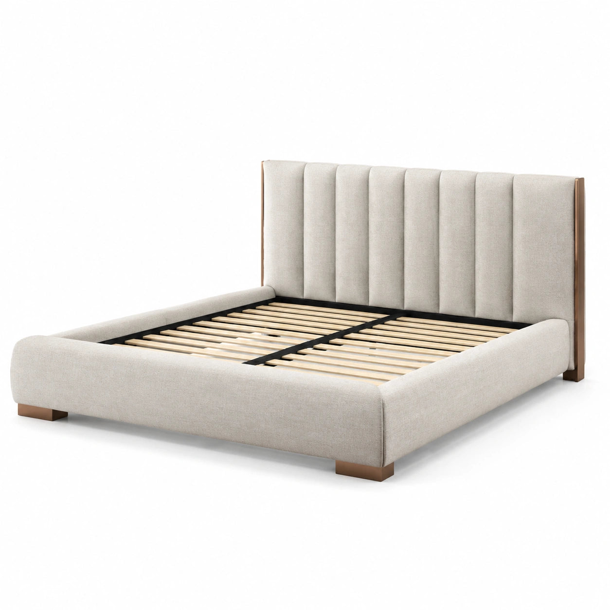 Lit double en bois et tissu polyester beige 200x160 cm