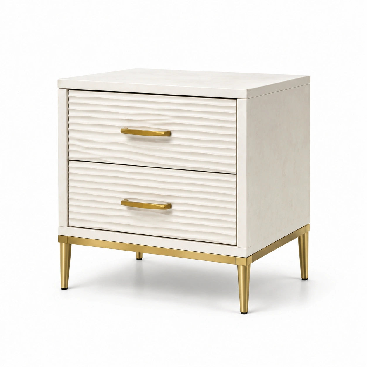 Table de chevet en bois MDF avec tiroirs beige et métal doré