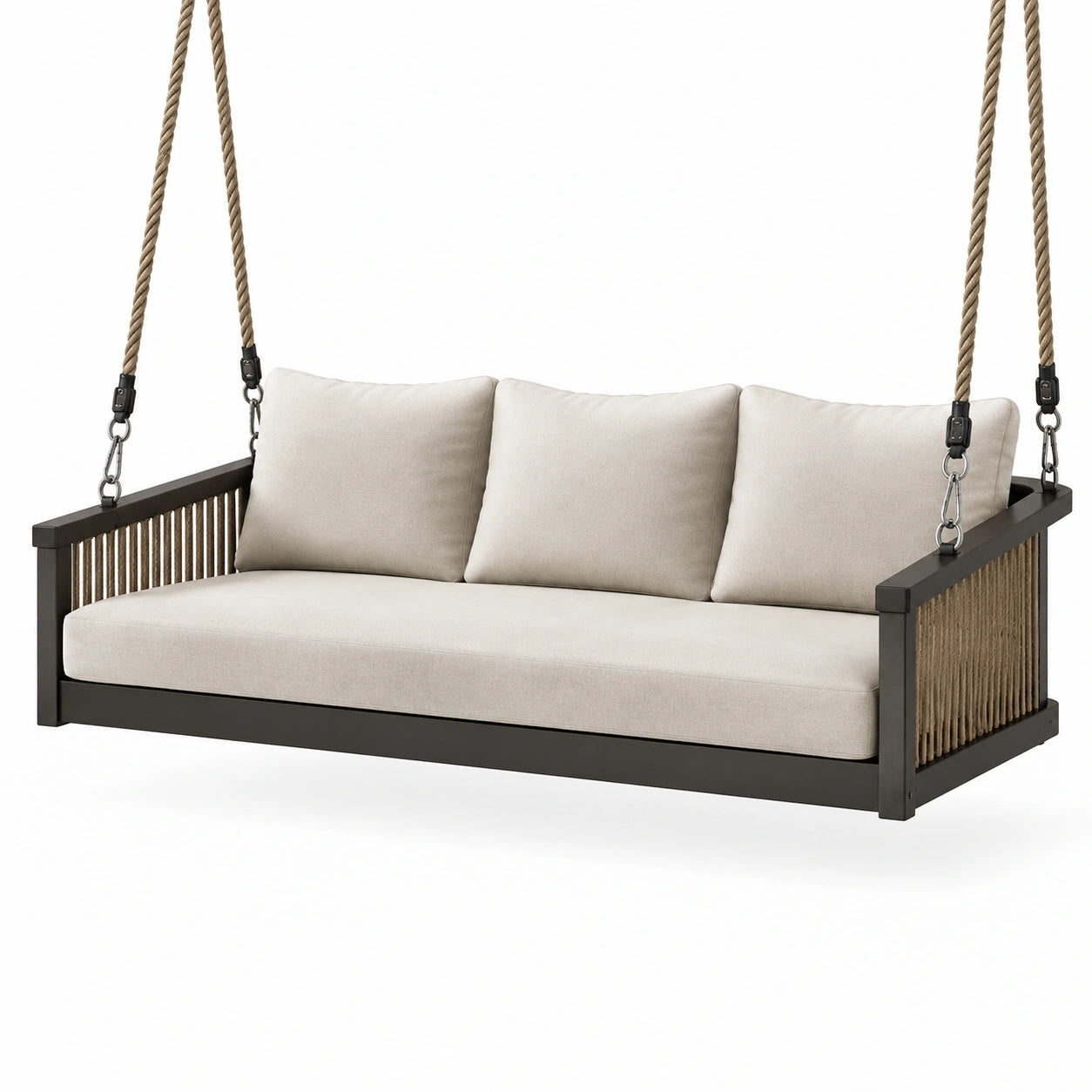 Balancelle suspendue en bois avec coussins beige