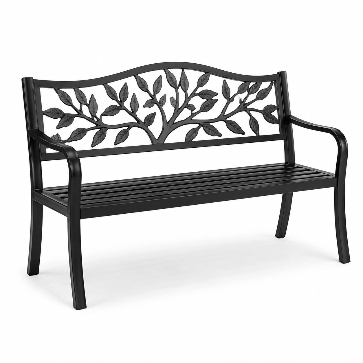 Banc de jardin en métal noir avec motif de feuille