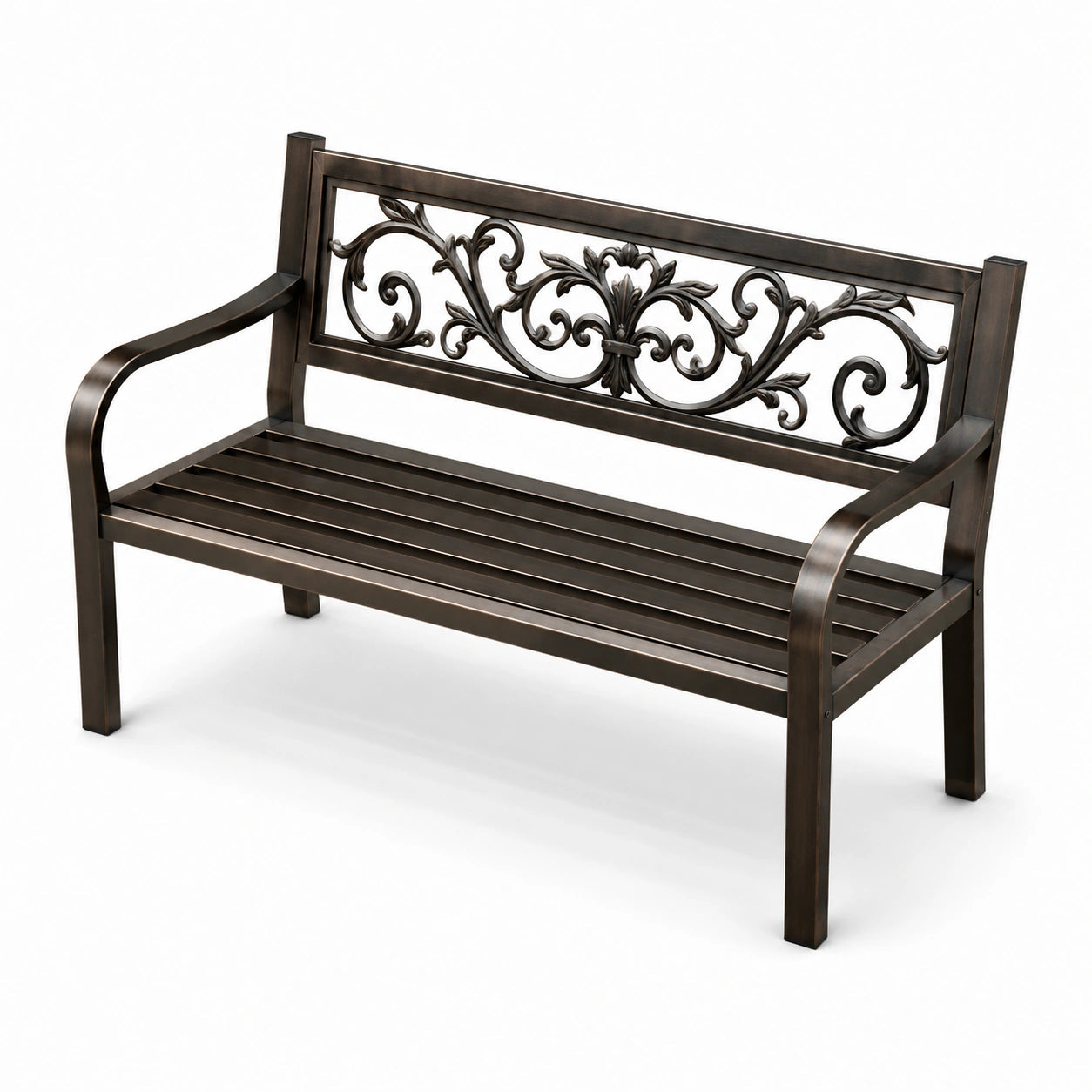 Banc de jardin en métal avec dossier décoratif en fonte bronze