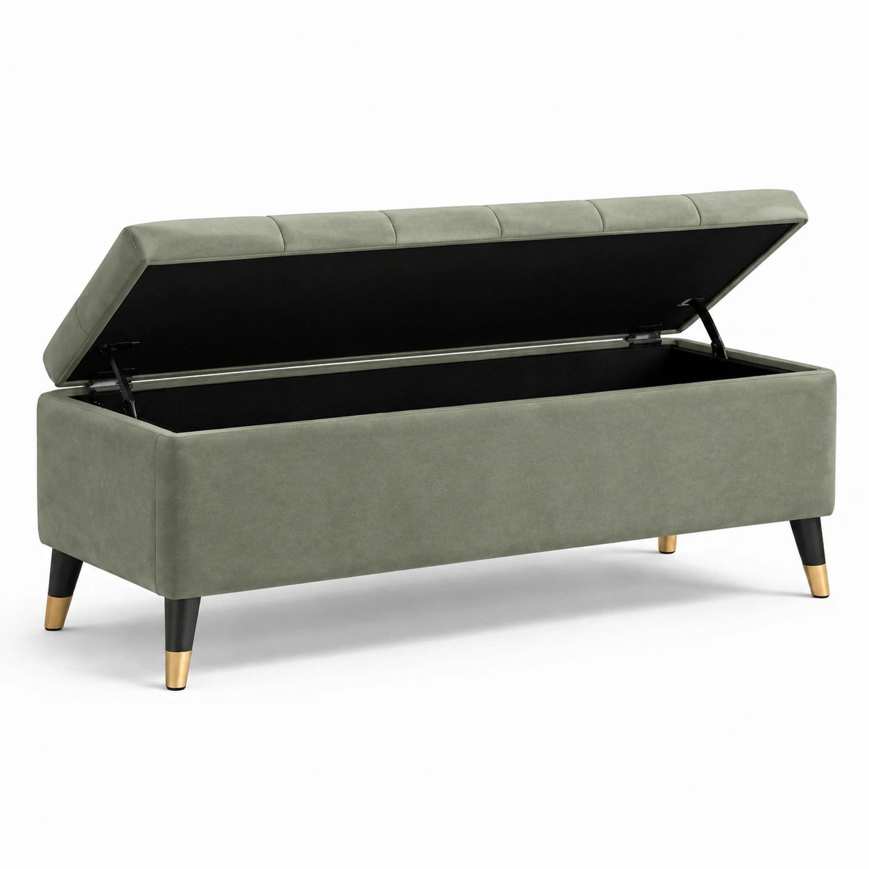Banc de rangement en tissu vert avec pieds en bois de hêtre et métal 120cm
