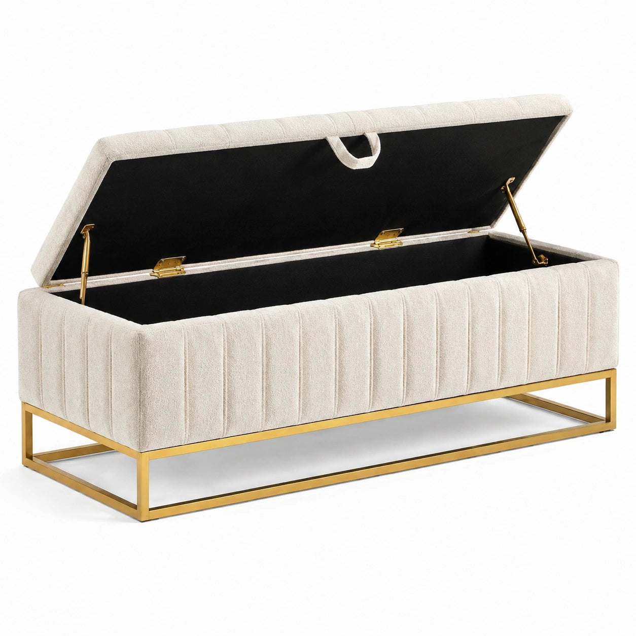Banc de rangement en tissu beige avec structure métallique dorée 120 cm