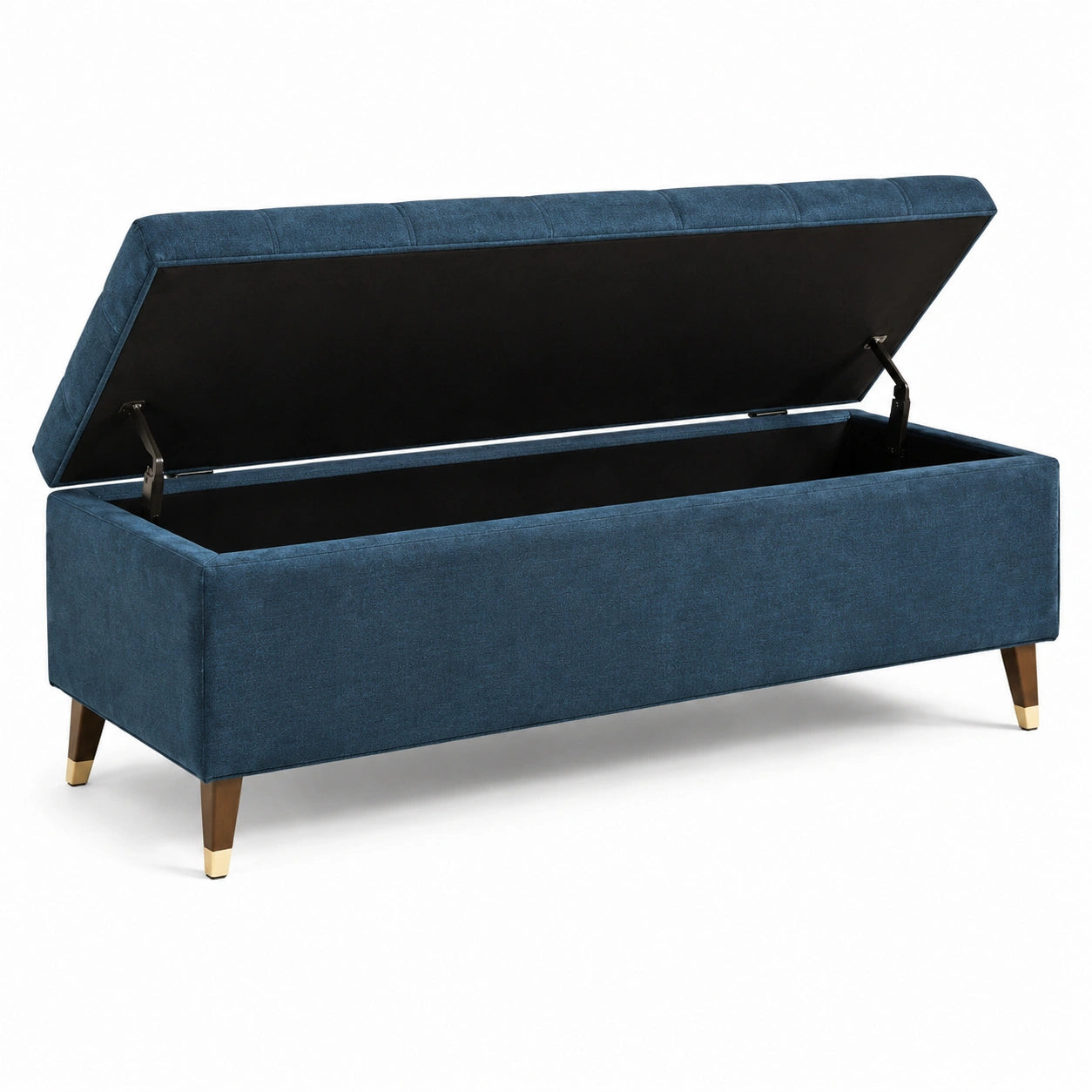 Banc de rangement en tissu avec pieds en bois et embouts métalliques