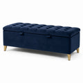 Banc de rangement en velours bleu avec pieds en métal doré