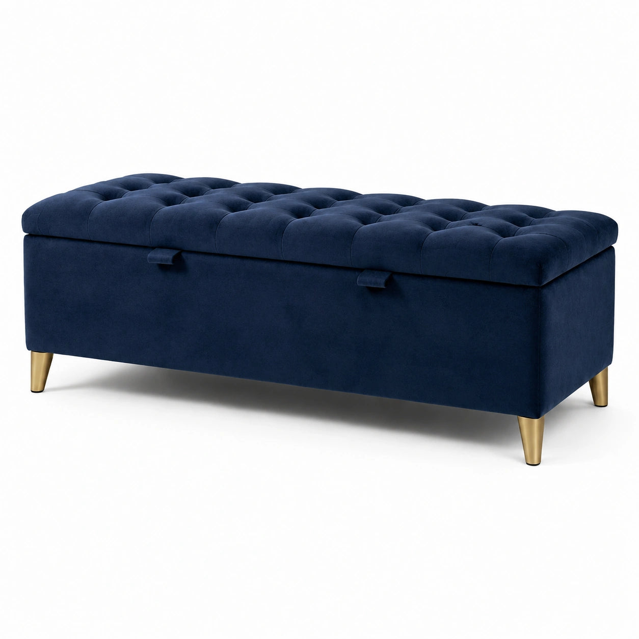 Banc de rangement en velours bleu avec pieds en métal doré