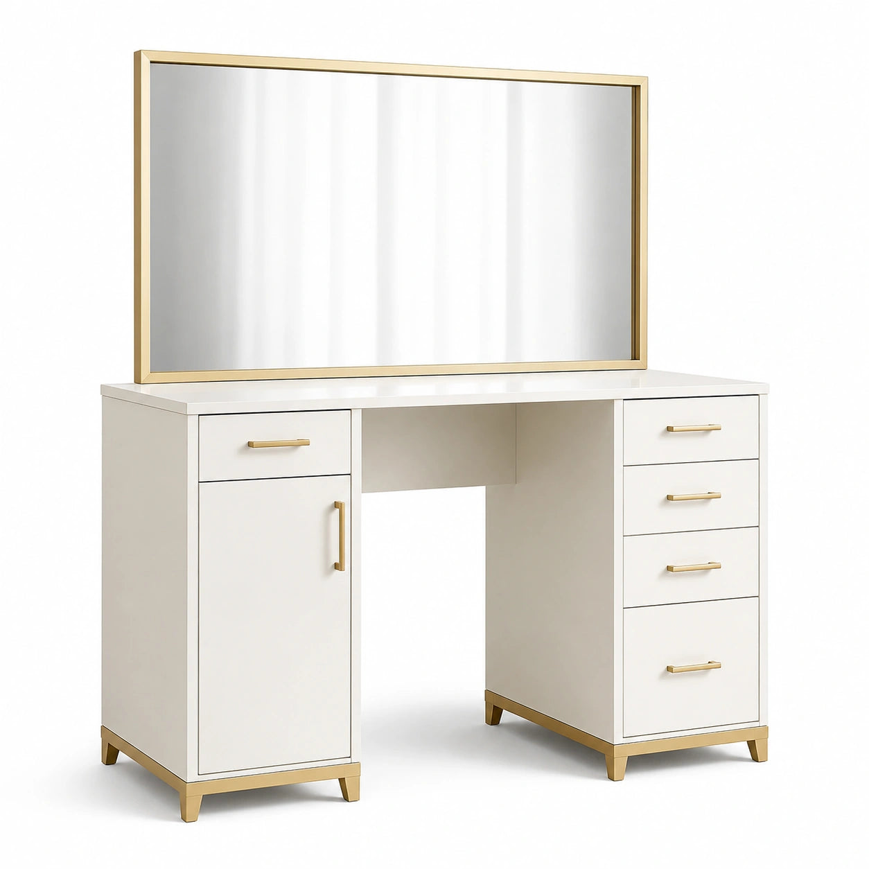 Coiffeuse en bois avec miroir rectangulaire et pieds en métal doré