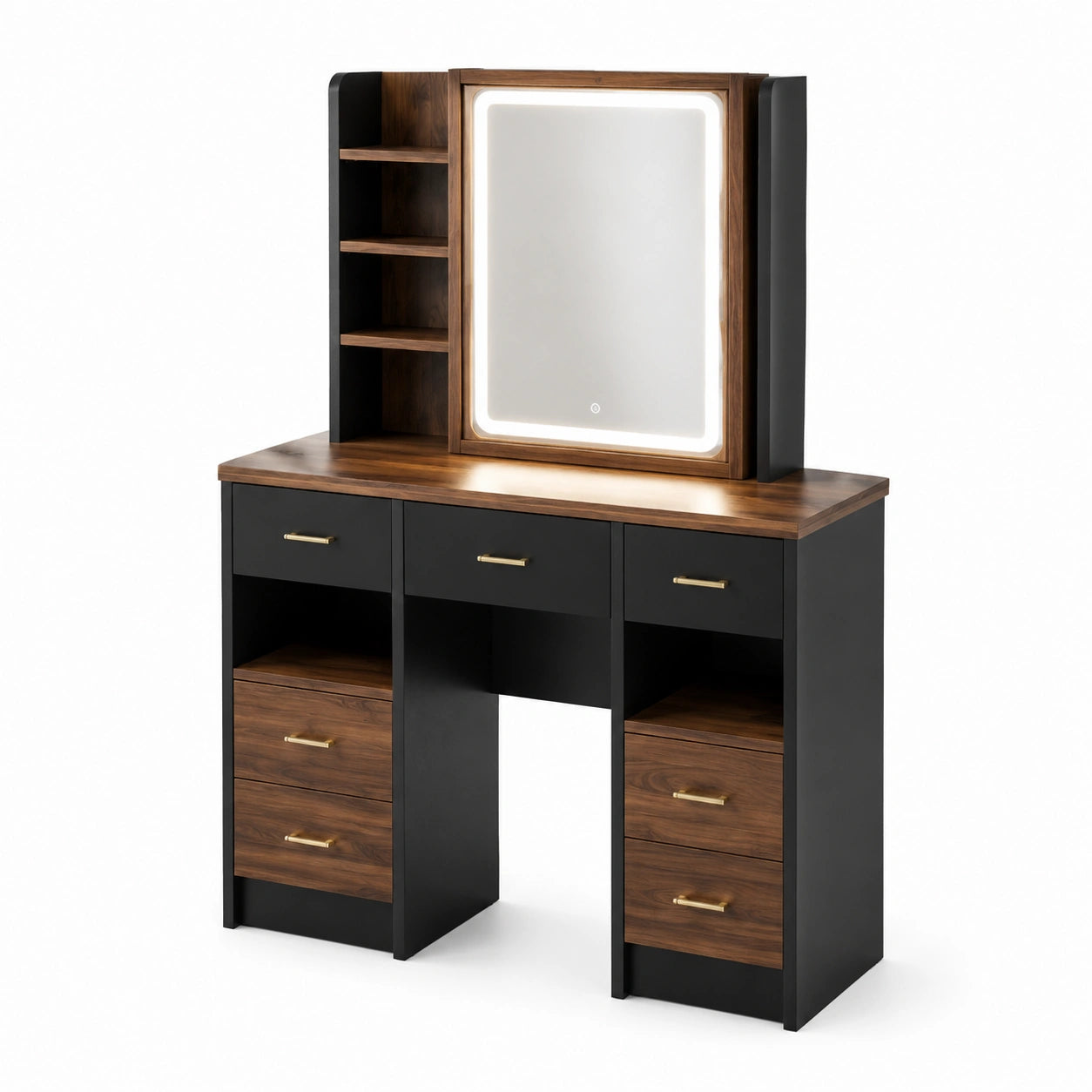 Coiffeuse en bois et métal noir avec miroir éclairé LED
