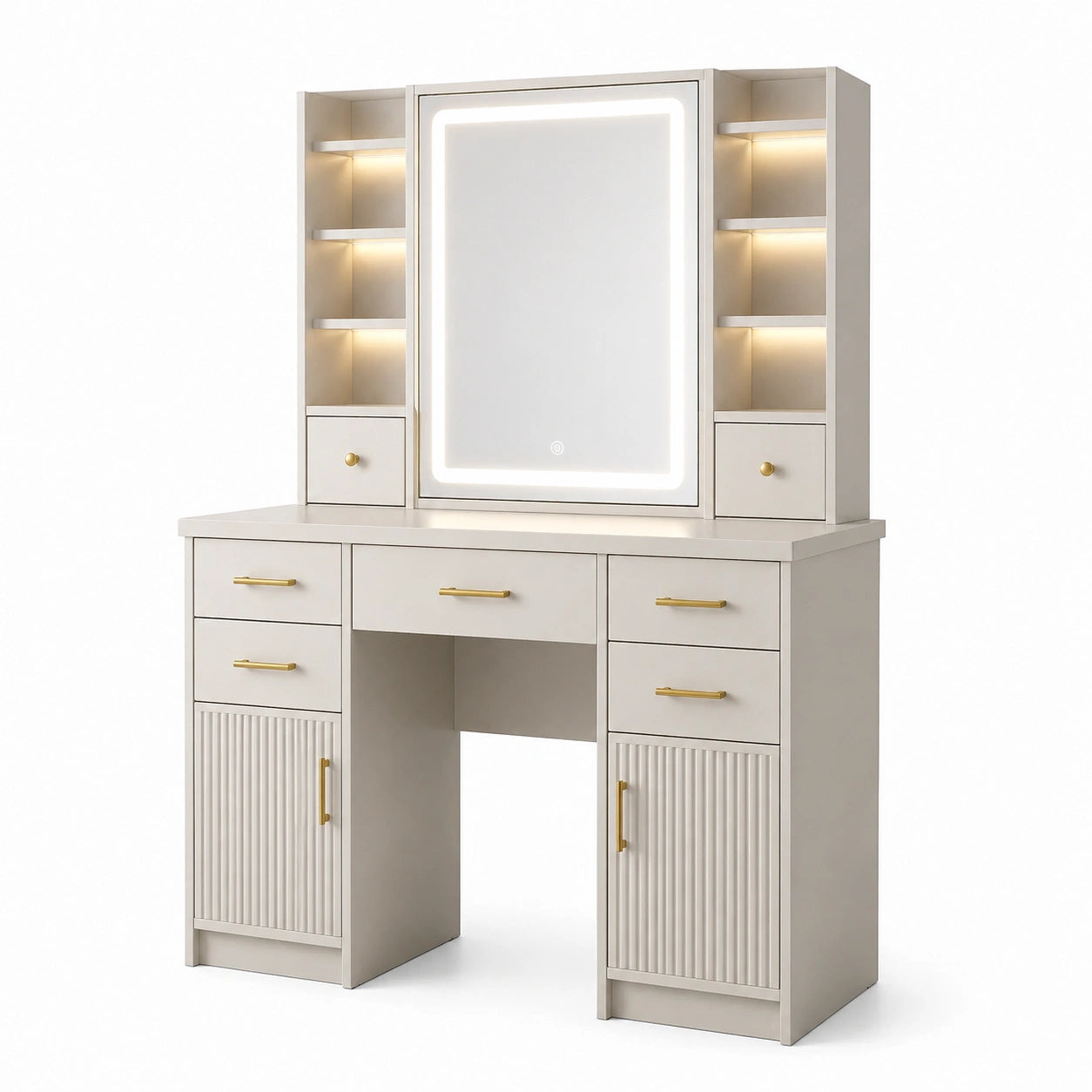 Coiffeuse en bois MDF avec miroir LED et rangement beige