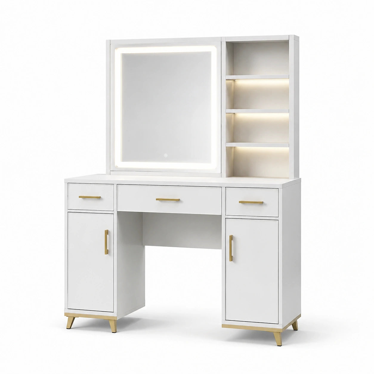 Coiffeuse avec miroir LED et étagères en bois et métal blanc/or