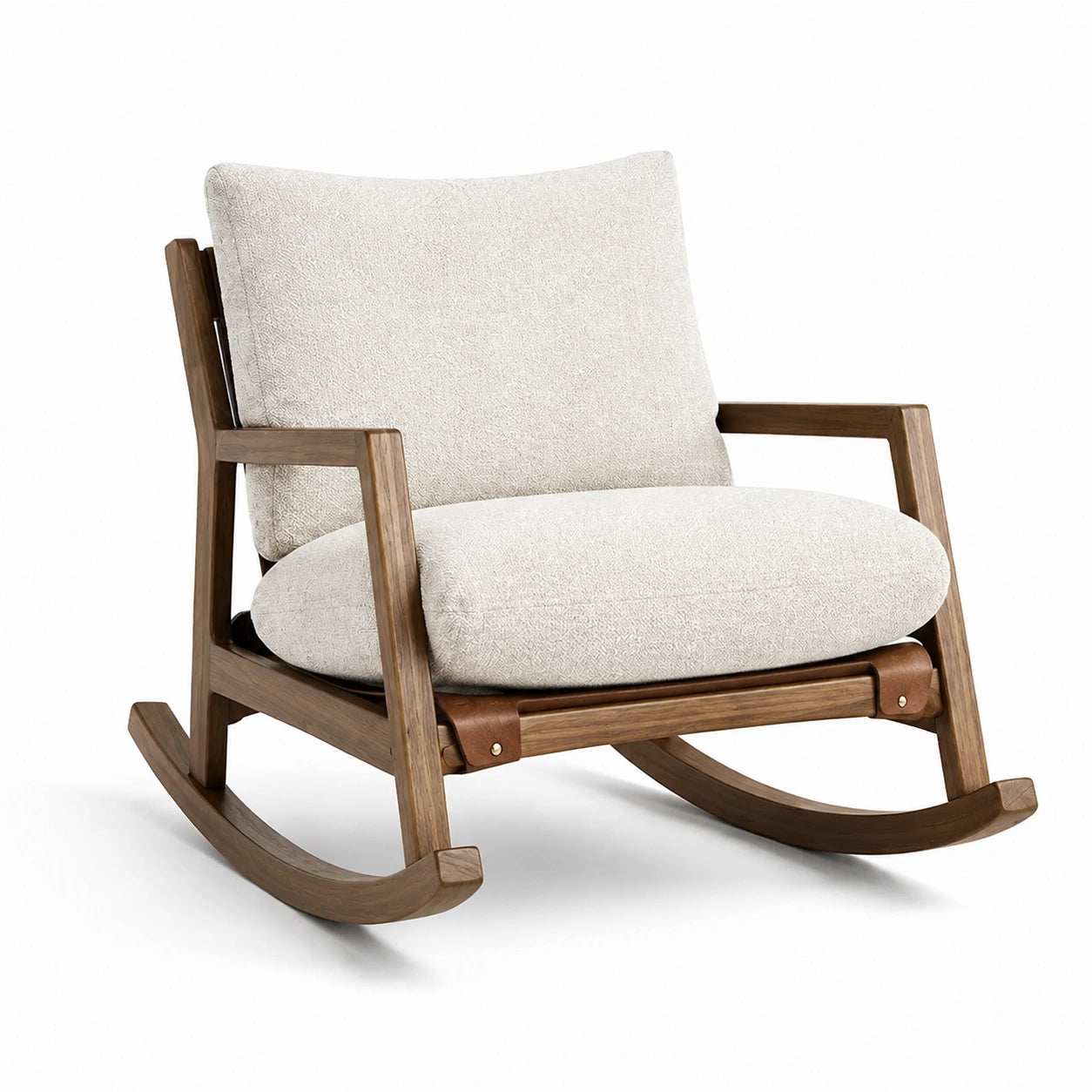 Fauteuil à bascule en bois avec coussin en tissu beige