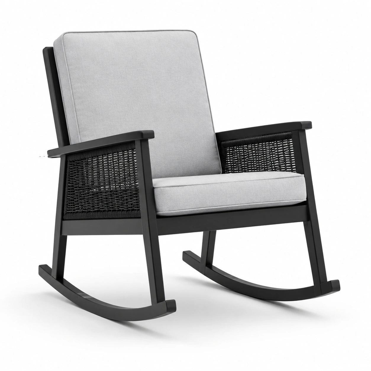 Chaise à bascule en bois et osier avec coussins en polyester