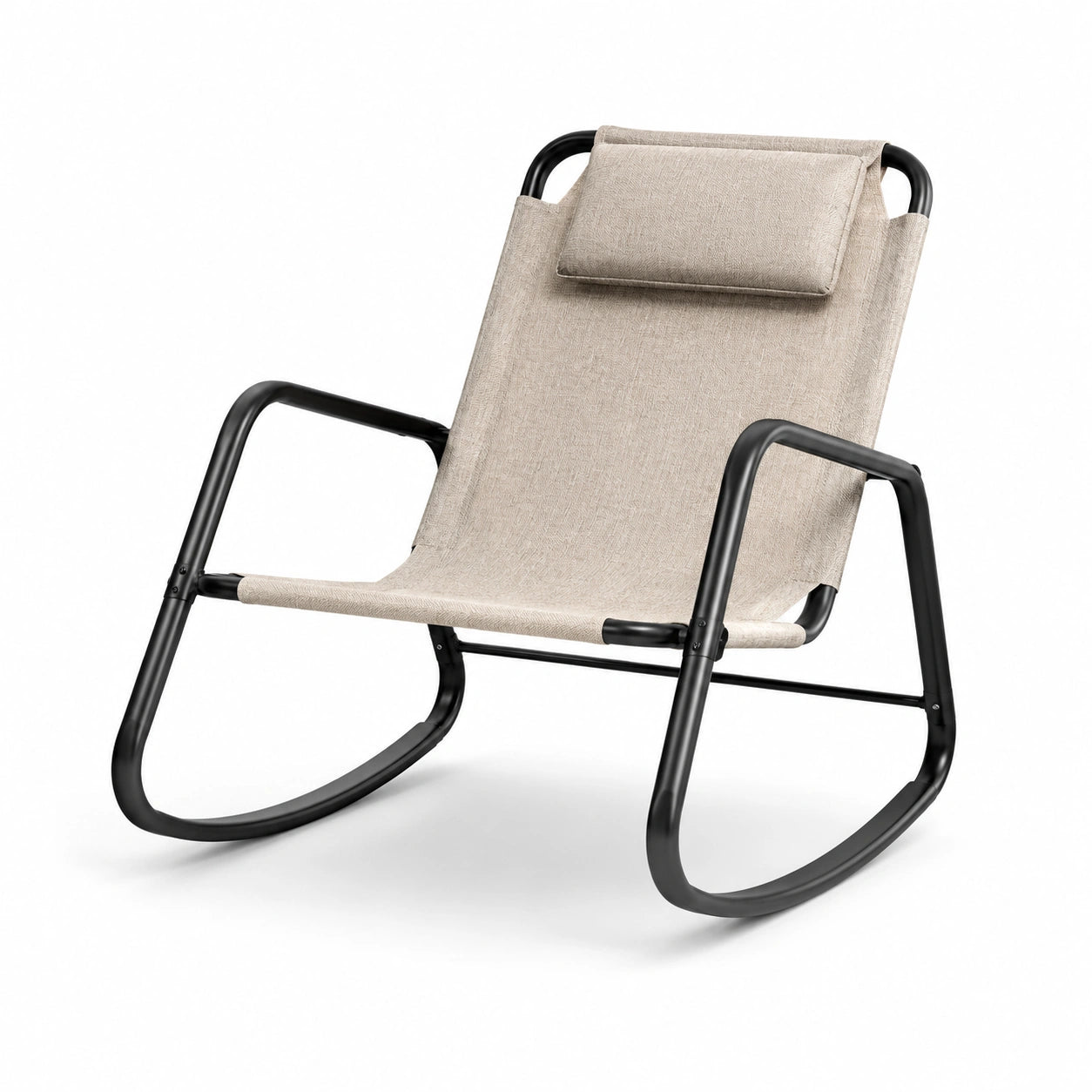 Chaise berçante en métal noir et tissu polyester beige
