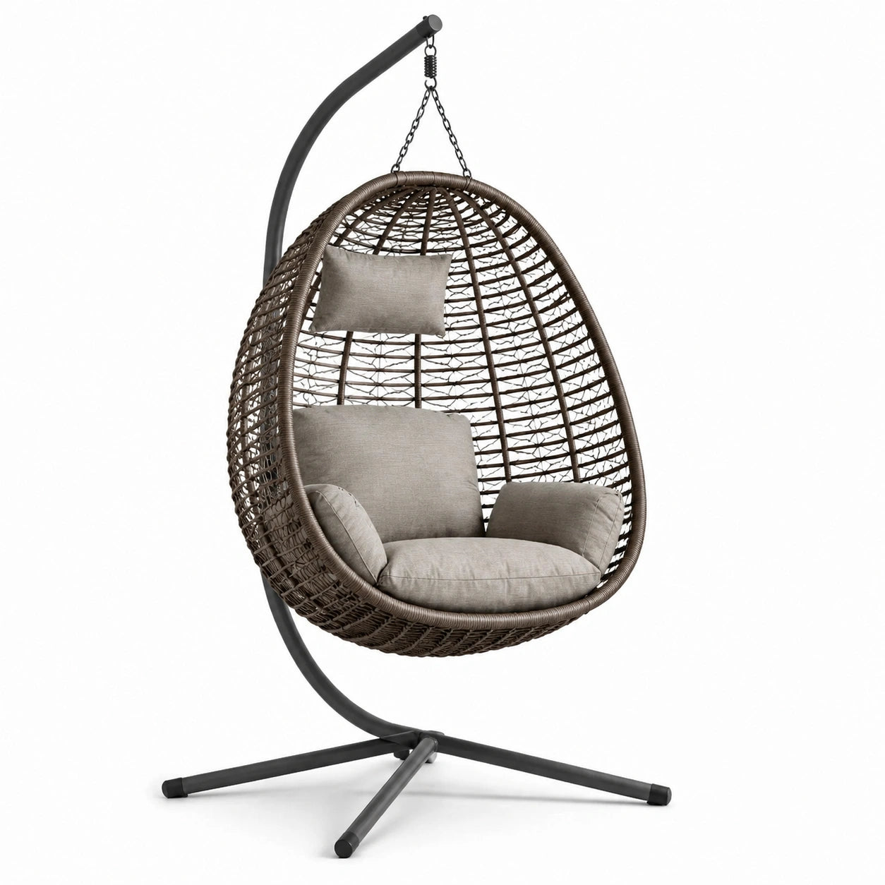 Fauteuil suspendu en résine tressée avec coussins taupe