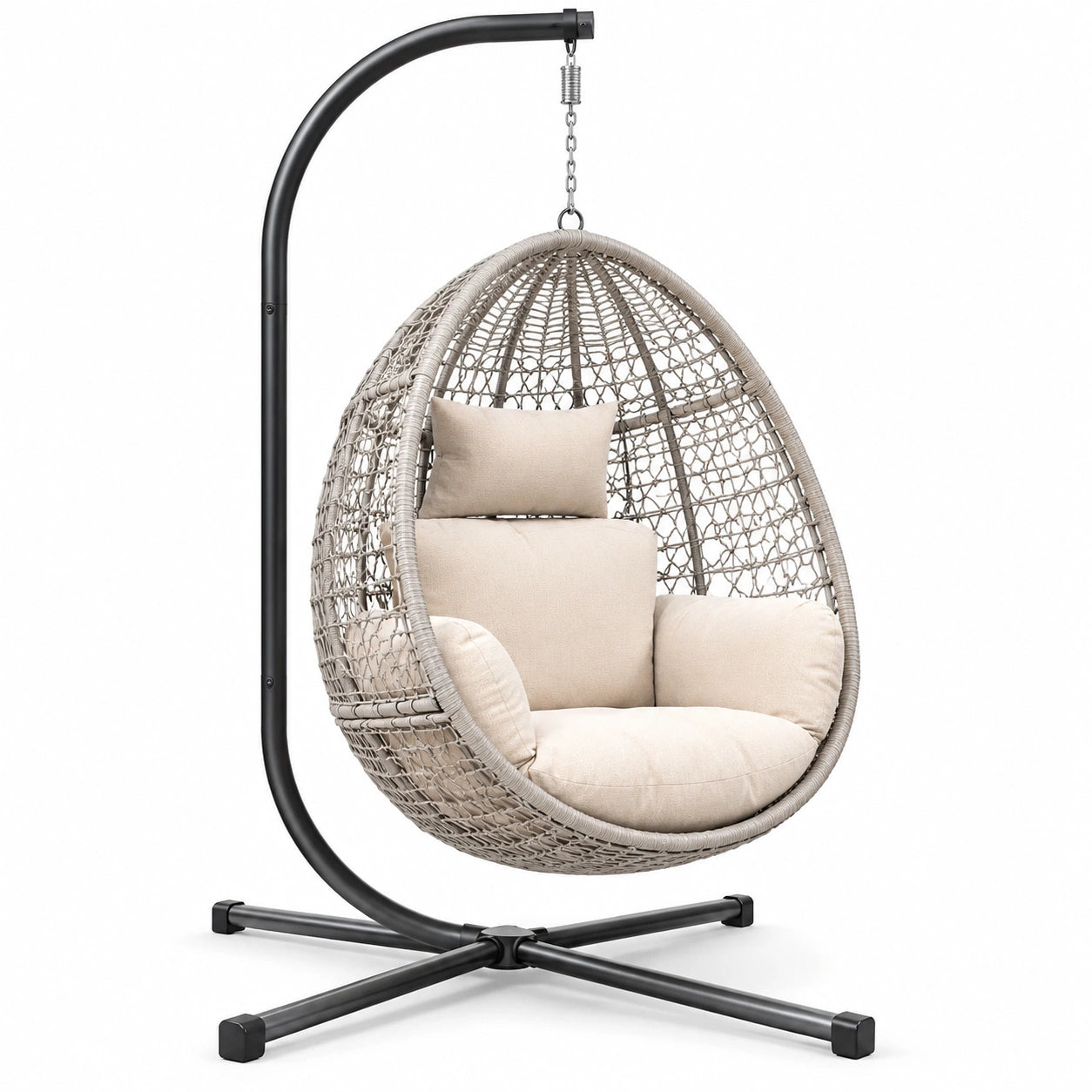 Chaise suspendue en résine tressée avec coussins beige et support noir